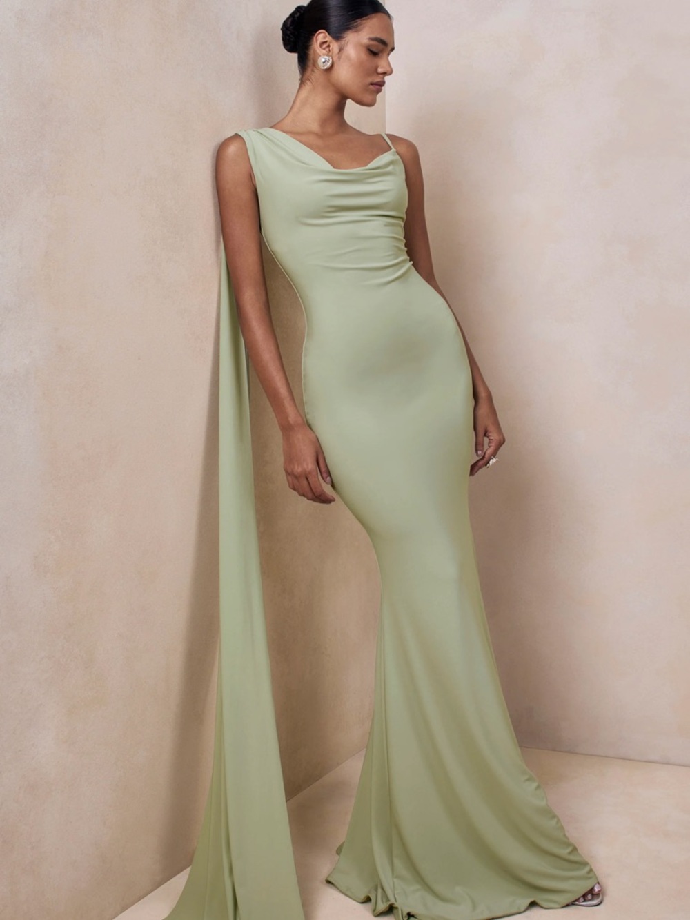 Club L London Pale Sage One-Shoulder Draped Gown